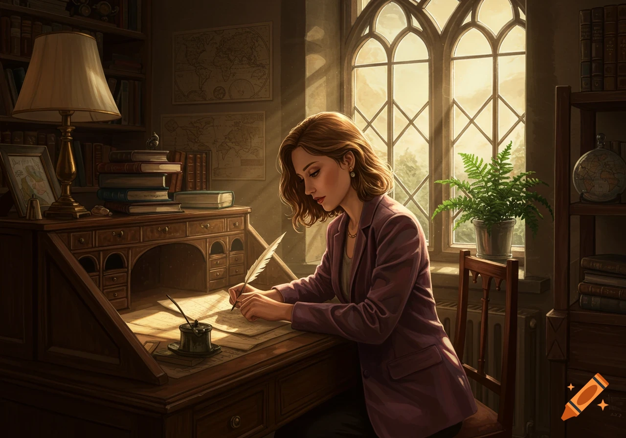 A woman with brown hair writes at a wooden desk with a quill pen. Sunlight streams through a large arched window in a cozy study filled with books.