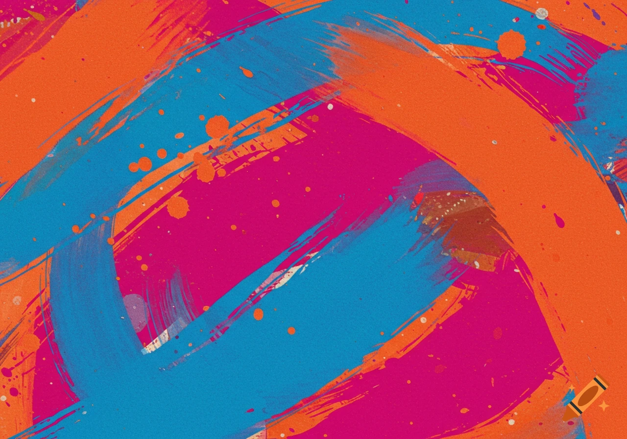 Vibrant abstract painting with bold orange, blue, and magenta brush strokes and paint splatters.