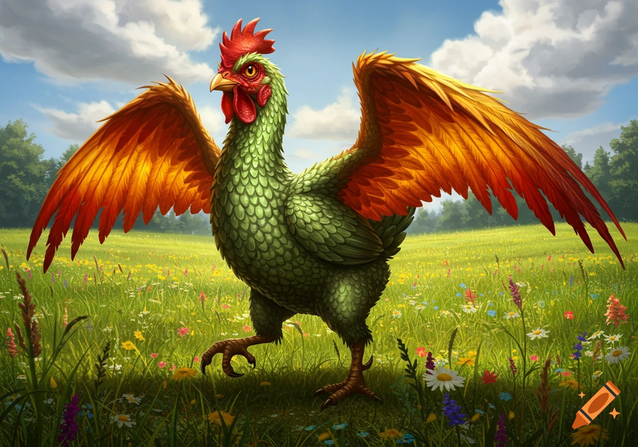 A colorful green scaled chicken with large orange and red wings stands in a vibrant meadow under a blue sky, in a fantasy art style.