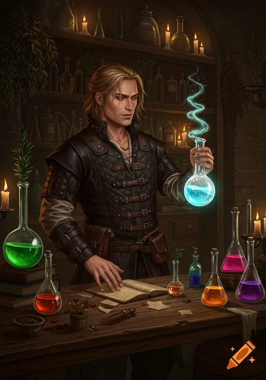 Blond alchemist man in a medieval workshop holding a glowing blue flask, surrounded by colorful potions and an open book.