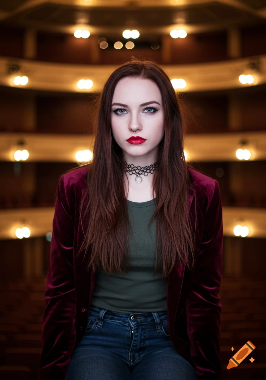 A young woman with auburn hair, red lipstick, and a nose ring, wearing a maroon velvet jacket and choker, in a blurred theatre.