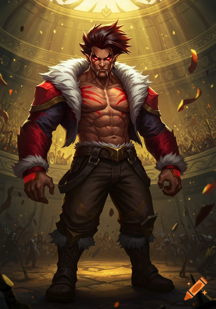A muscular, red-eyed man with spiky red hair and red markings on his chest stands in a golden arena. He wears a red and blue fur-collared jacket and dark pants. Stylized illustration.