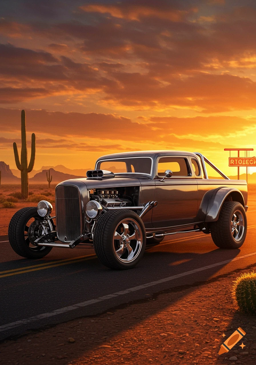 A custom hot rod truck with large tires and an exposed engine sits on a desert road at sunset with saguaro cactuses and mountains in the background.