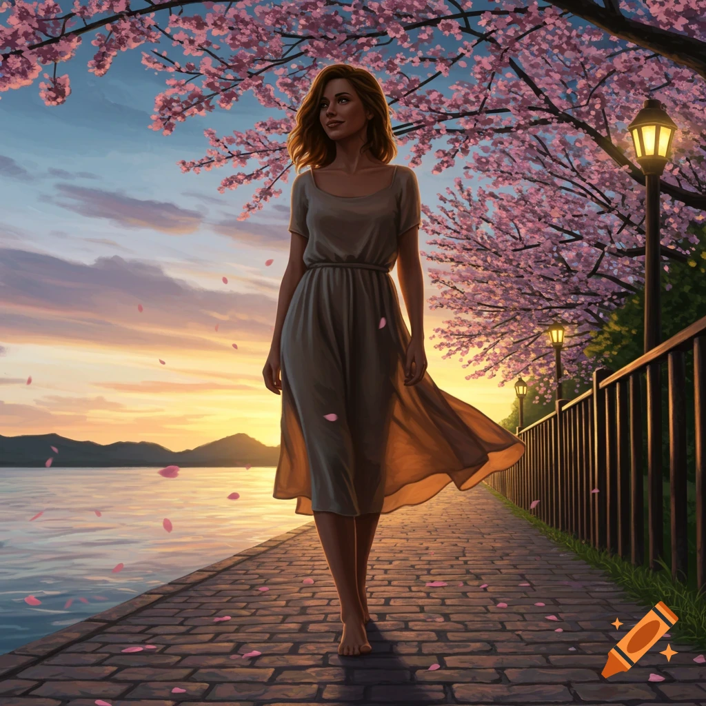 An illustrated woman walks barefoot on a brick path beside a lake, with pink cherry blossoms overhead during sunset.