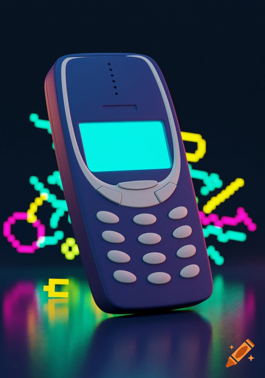 A blue and white retro Nokia 3310 phone stands on a reflective surface against a neon pixelated background.