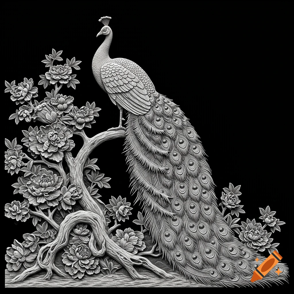 A black and white wooden relief carving of a peacock perched on a tree with its tail fanned out, surrounded by flowers.