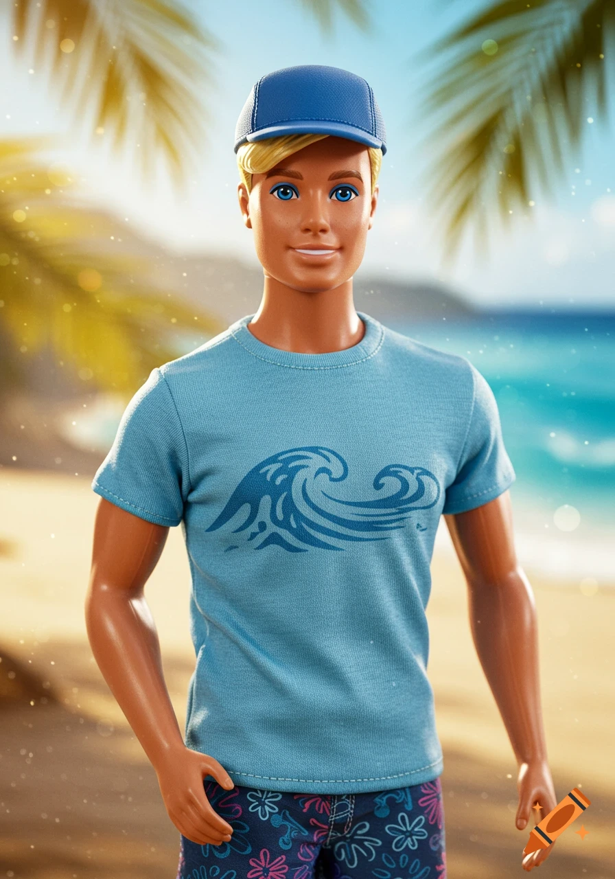 A photorealistic Ken doll wearing a blue t-shirt with a wave graphic and a blue baseball cap, standing on a sunny beach.
