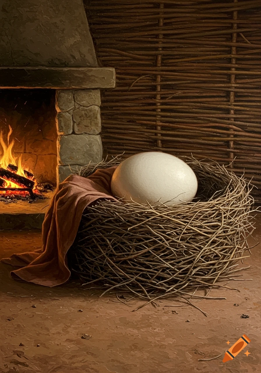 An oil painting of a large white egg in a twig nest by a stone fireplace with a crackling fire, on a dirt floor.