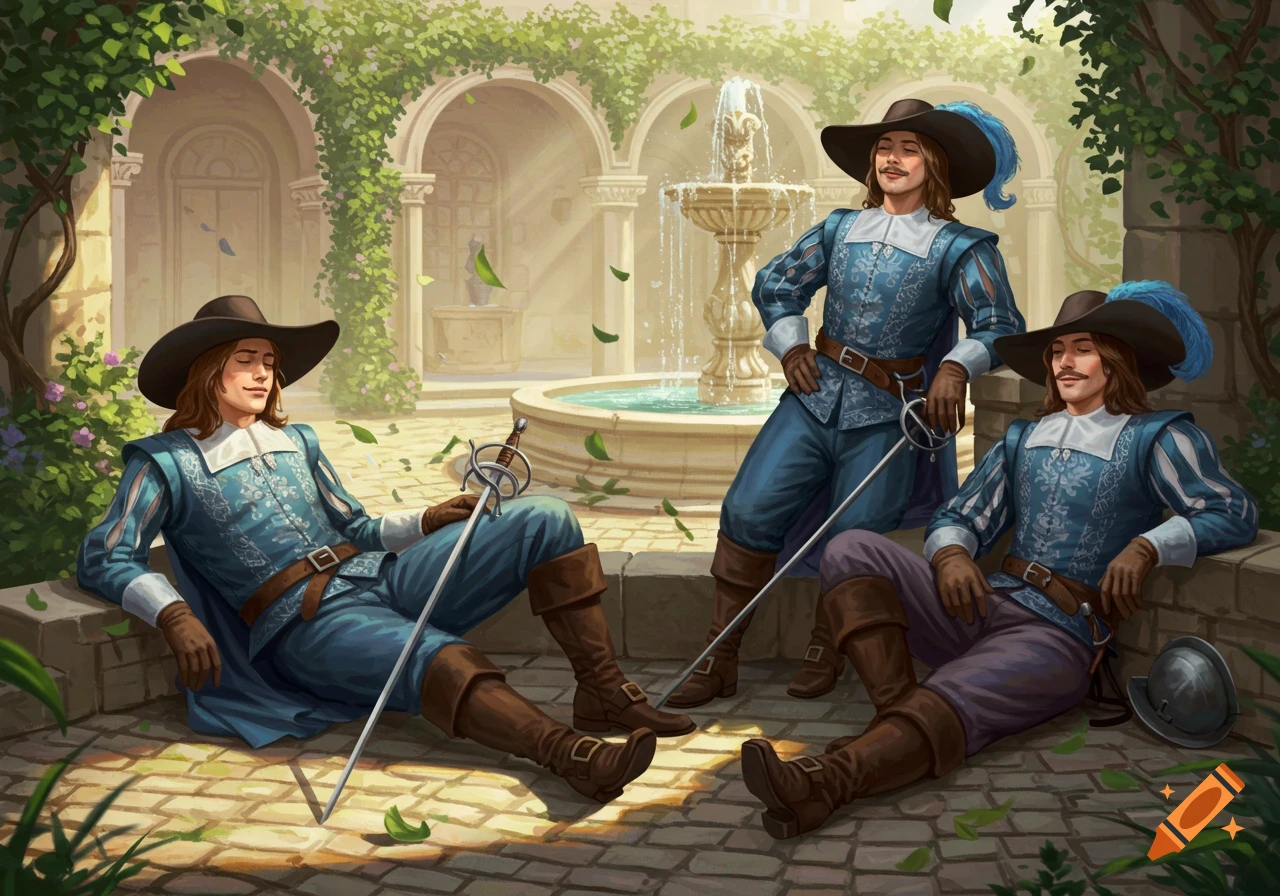 Three musketeers in blue suits and plumed hats lounge with swords in a sunny, ivy-covered courtyard with a fountain.