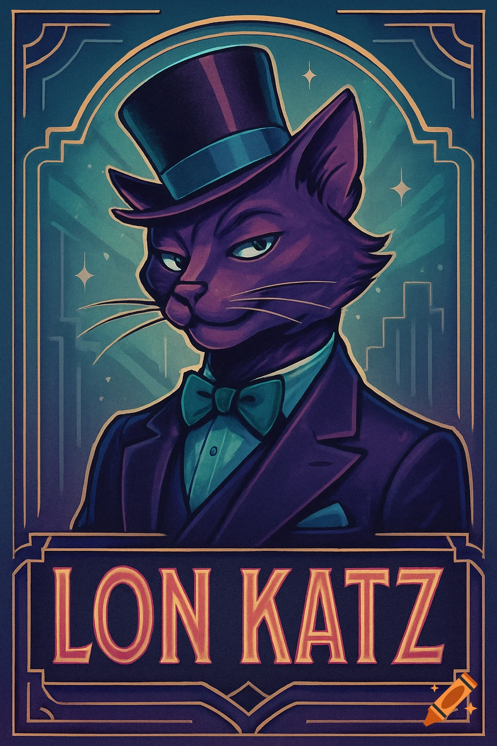 An Art Deco poster of a purple cat in a top hat and suit. Text reads "LON KATZ".