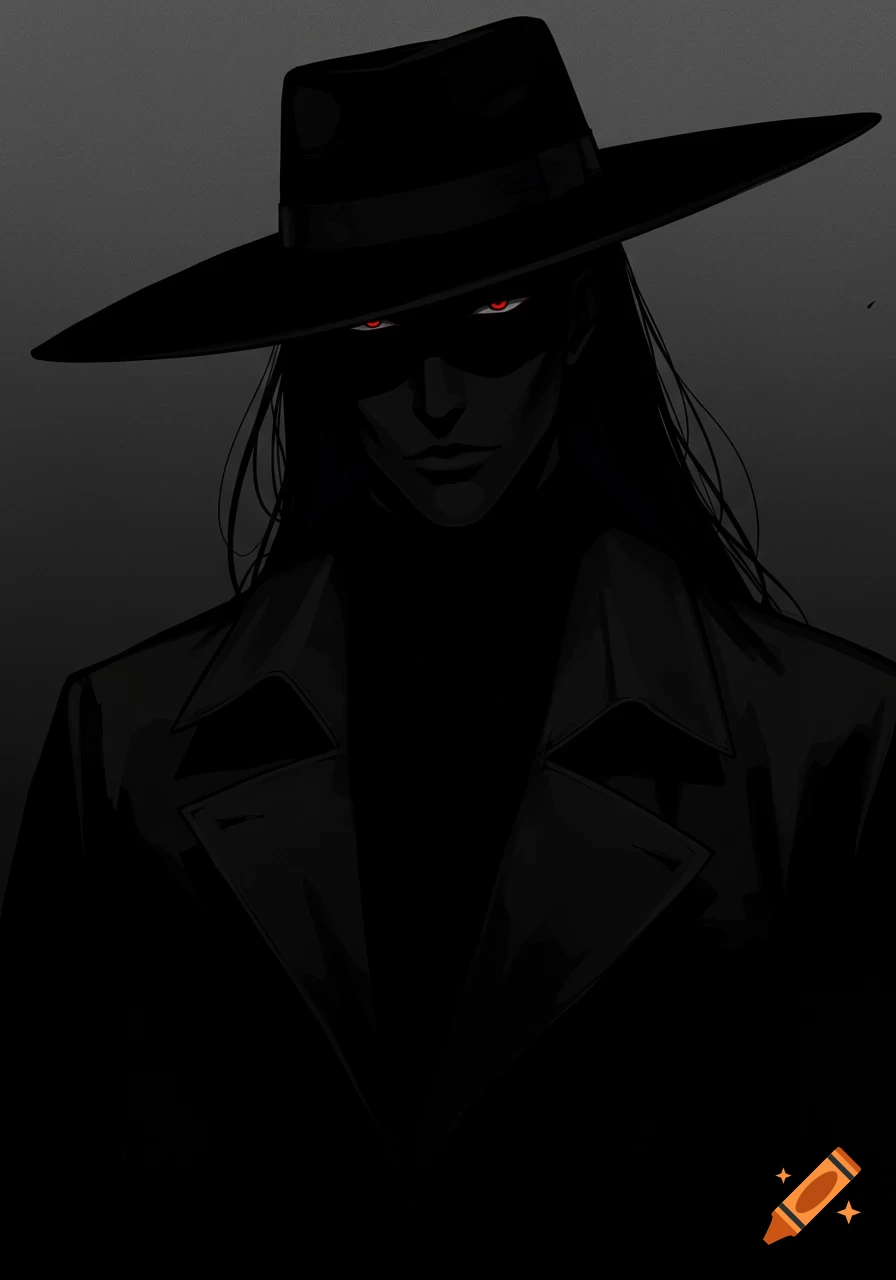 Anime illustration of a mysterious character in a black hat and trench coat, with long dark hair and piercing red eyes glowing in shadow.