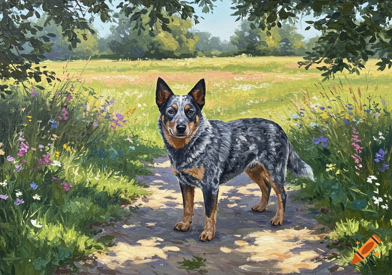 Blue heeler dog on a path in a vibrant, impressionistic oil painting of a field with wildflowers.