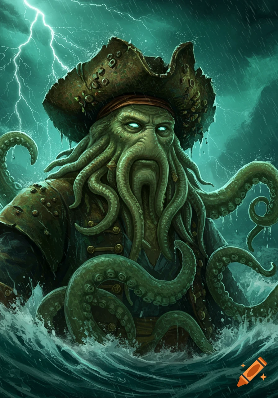 A close-up illustration of Davy Jones, a green-skinned human-octopus creature, with glowing blue eyes and a pirate hat, emerging from stormy ocean waves under lightning.