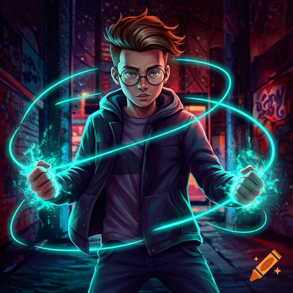A stylized digital illustration of a teen boy with glasses and freckles, wearing a dark hoodie and jacket, standing in a dim, graffiti-covered alley. He clenches his fists as glowing blue energy swirls around his hands and body.