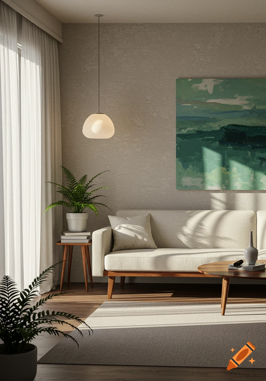 A photorealistic image of a modern living room with a beige sofa, wooden tables, plants, an abstract green painting, and sunlight.