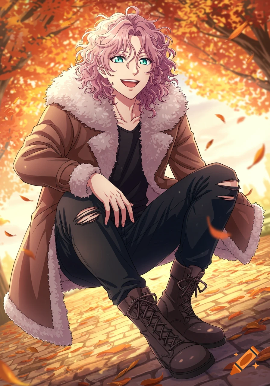 Anime male with pink curly hair, aquamarine eyes, brown fur-lined coat, ripped black jeans, and lace boots, smiling outdoors among autumn leaves.