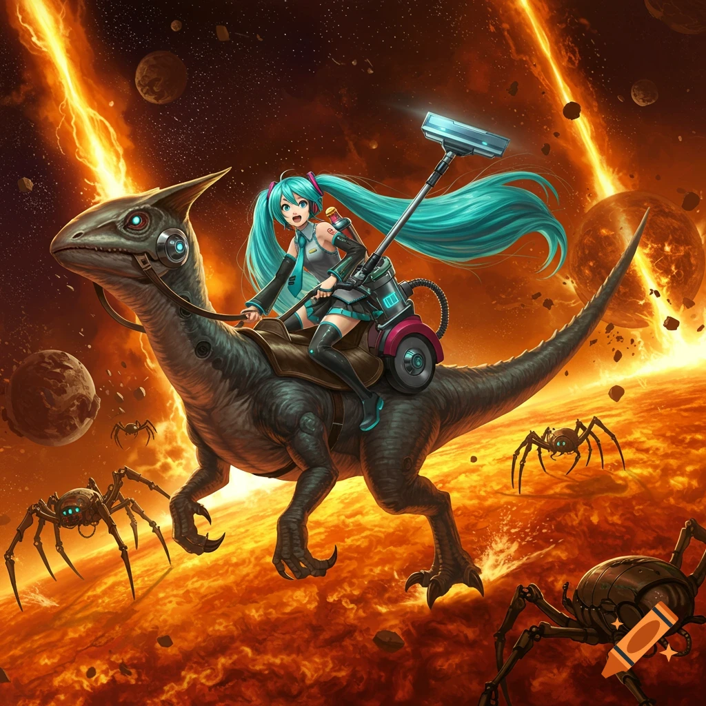 Anime girl Miku rides a robotic dinosaur through a fiery space, wielding a vacuum cleaner while pursued by mechanical spiders.