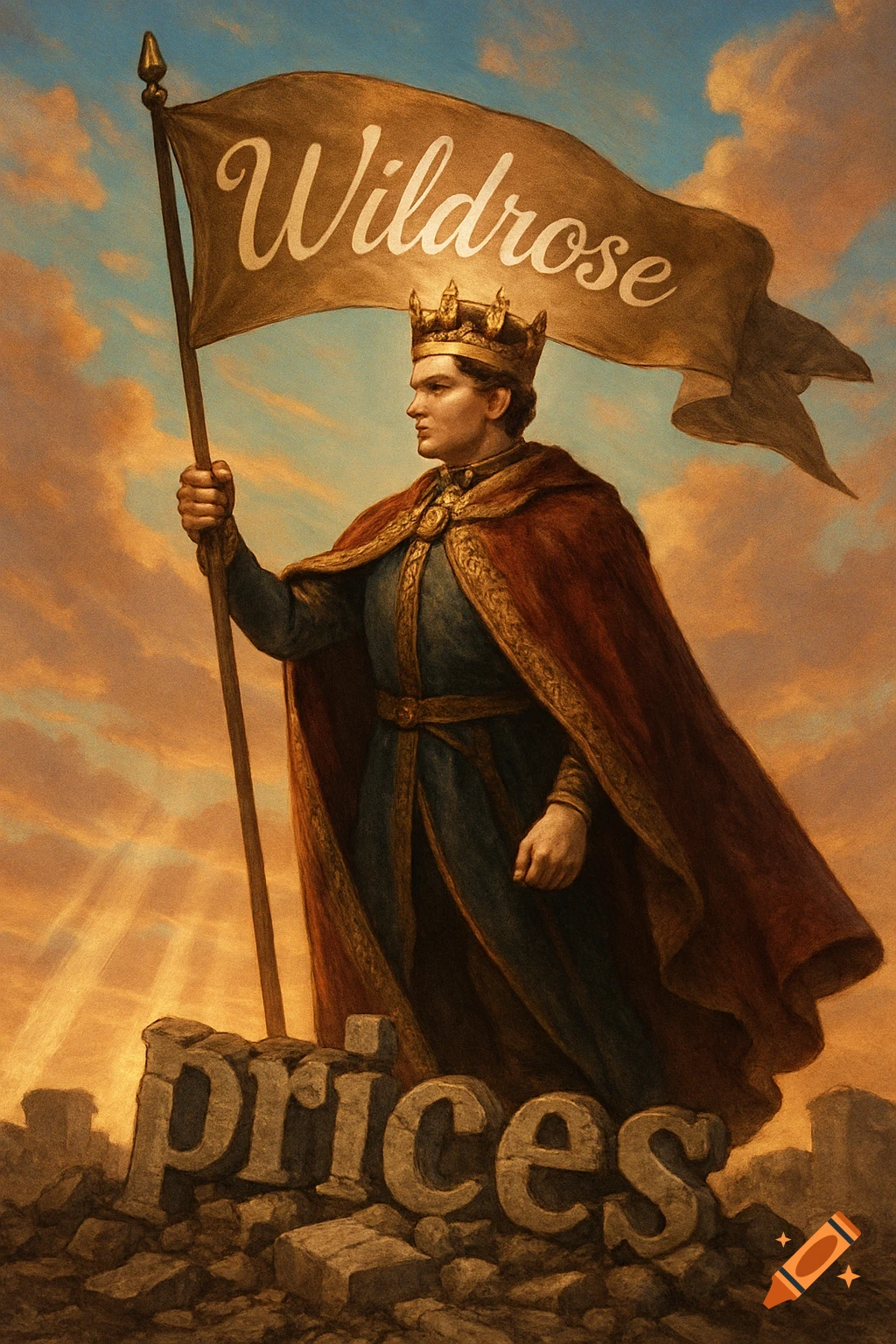 A regal king-like figure in a crown and royal robes holds a flag that reads "Wildrose" as he stands atop broken stone letters spelling "prices" against a dramatic sunset sky.