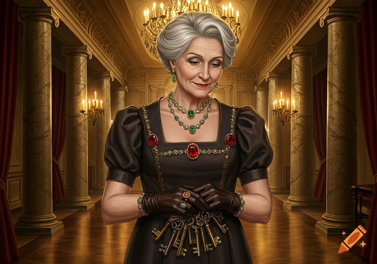 An elegant older woman with gray hair, dressed in a black gown with elaborate red and green jewelry, holds a large bunch of ornate keys. She stands in a grand, opulent hall with marble pillars and chandeliers.
