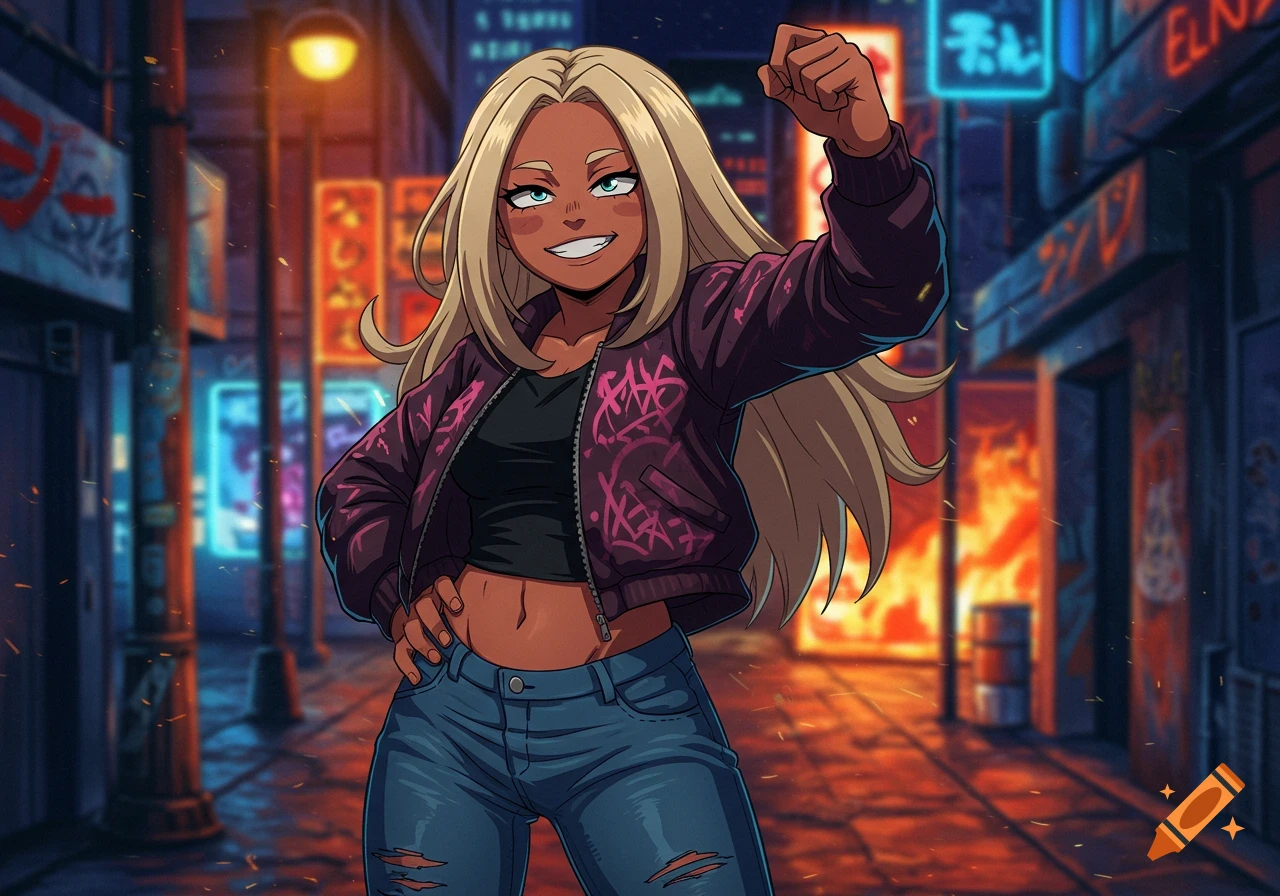 Smiling anime girl with blonde hair, tan skin, purple graffiti jacket, and ripped jeans, posing in a vibrant neon city street at night.