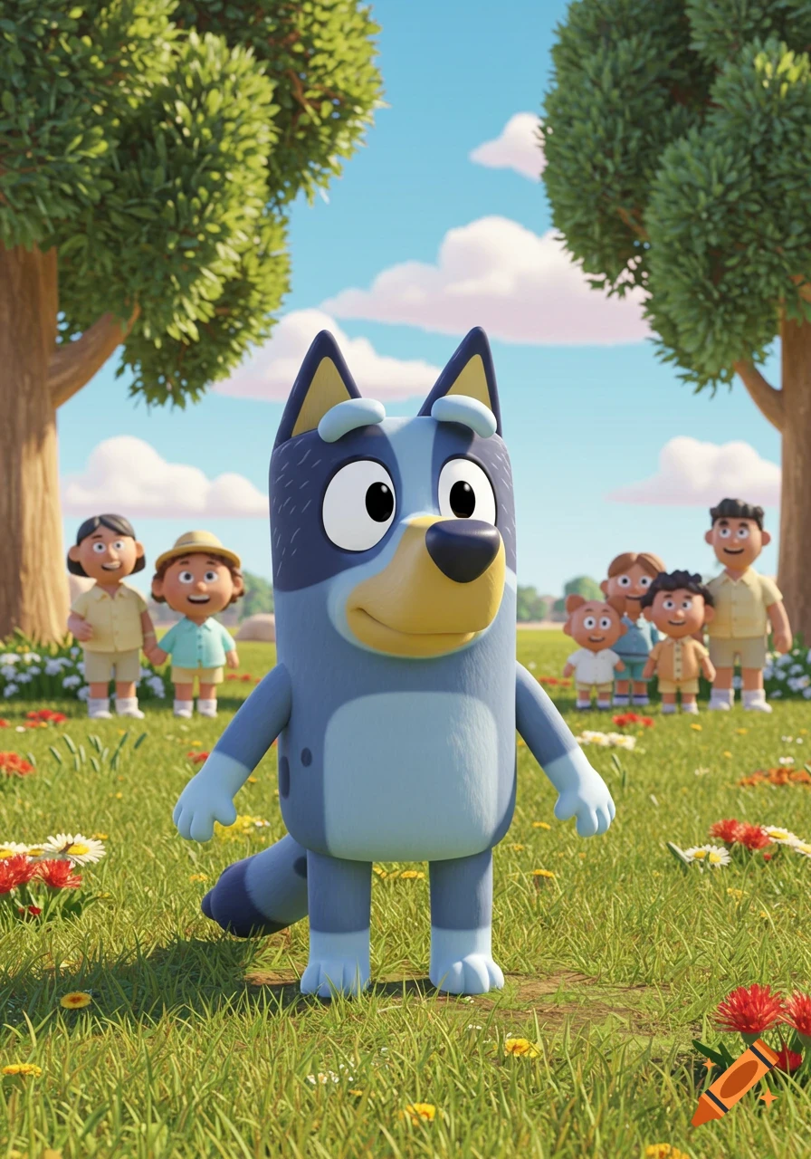 A 3D animated bluey character stands in a grassy field with trees and other cartoon children in the background under a blue sky.