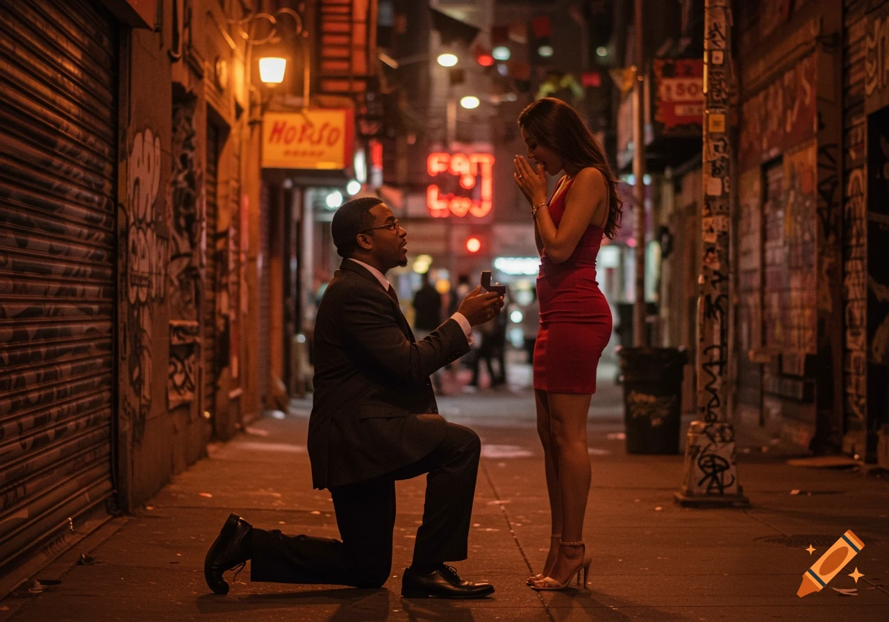 A man kneels to propose to a woman in a red dress in a dimly lit city alley at night. They both look surprised and emotional.