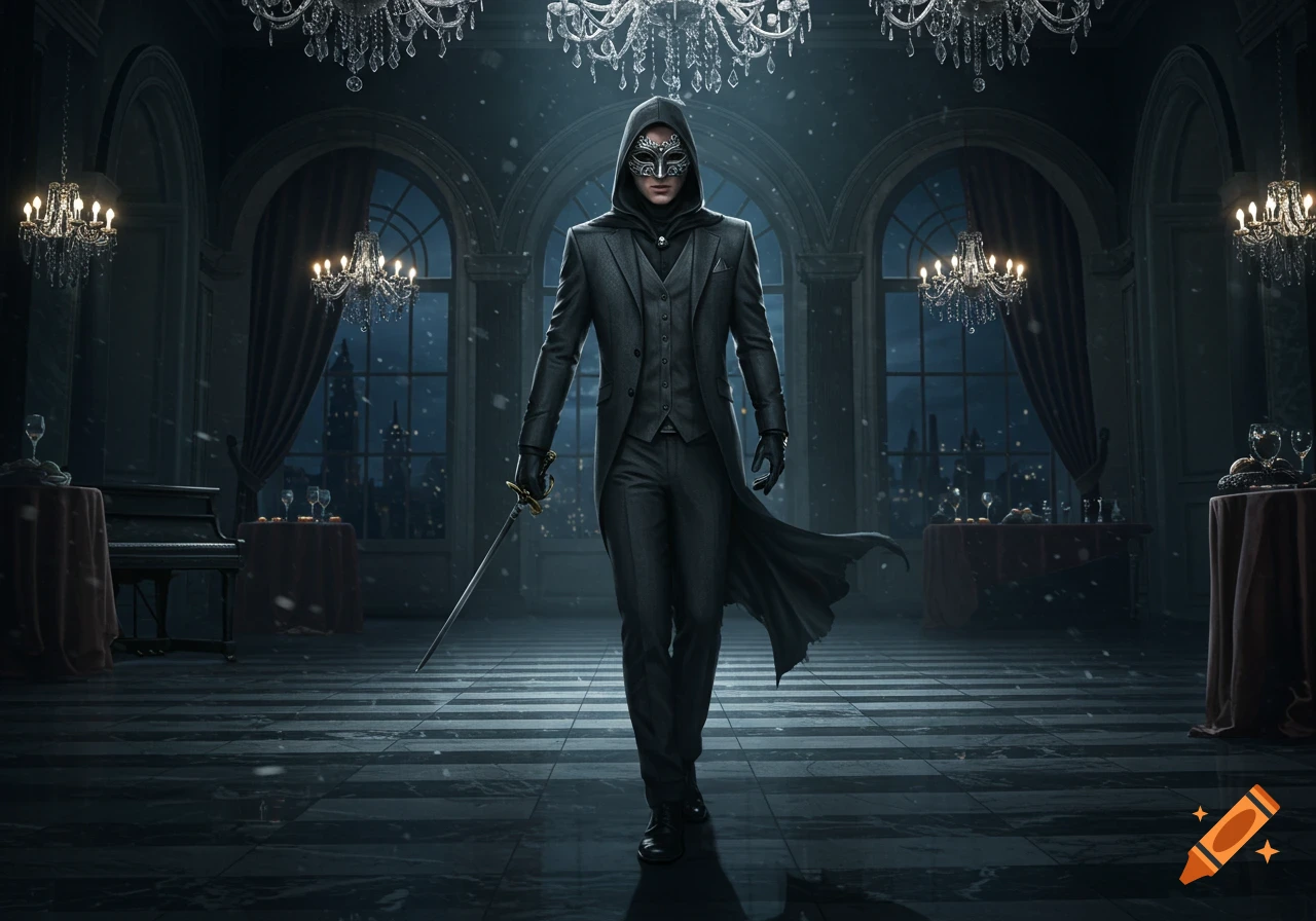 A masked man in a suit stands in a dark, ornate ballroom, holding a sword. Snow falls outside large windows.