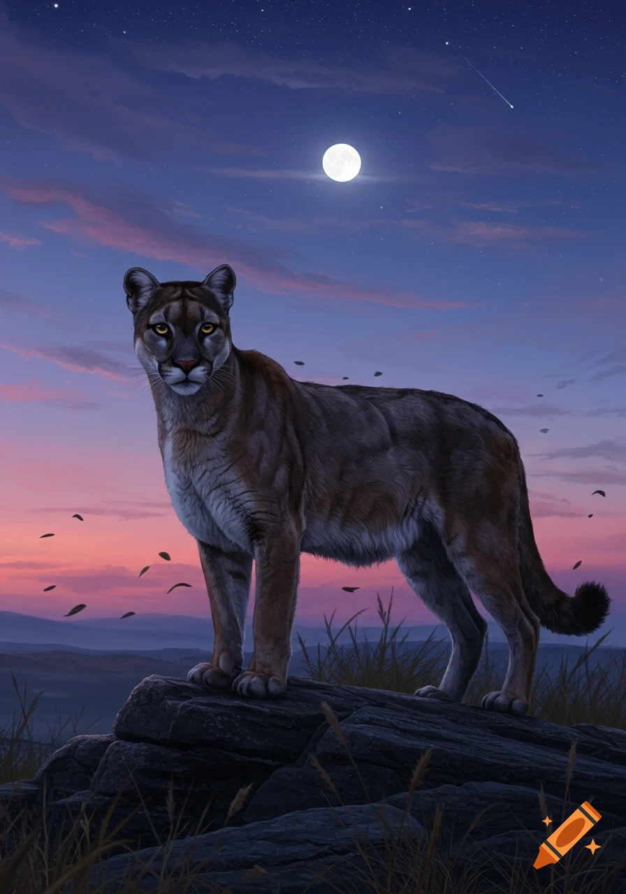 A brown cougar stands on rocks at twilight under a full moon and starry sky, with a shooting star visible.