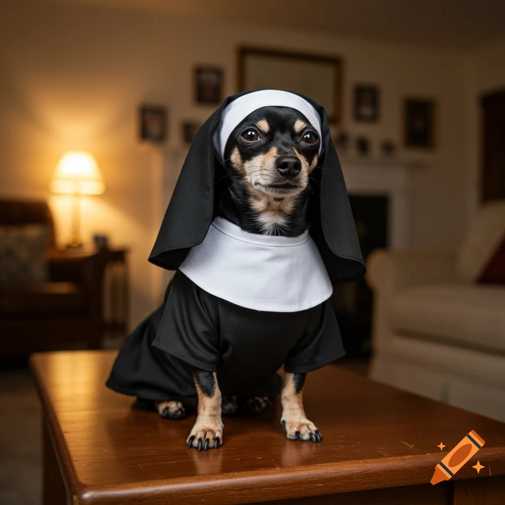 A black and tan chihuahua mix dog wearing a black and white nun outfit sits on a wooden table, looking sternly.