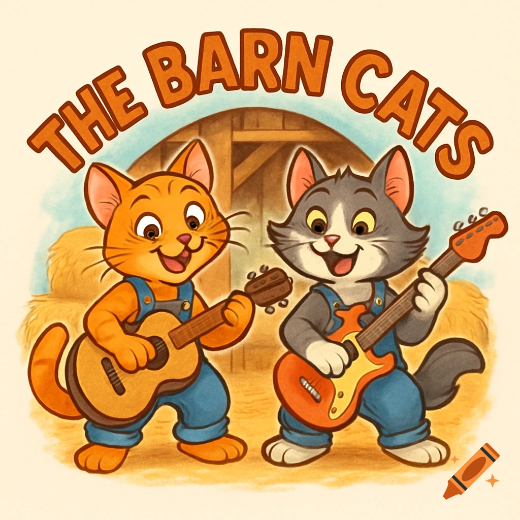 Cartoon cats in overalls playing guitars with 'THE BARN CATS' text above.