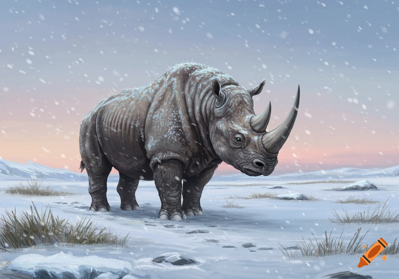A large woolly rhino stands in a snowy landscape with falling snow, under a pale blue and pink sky.