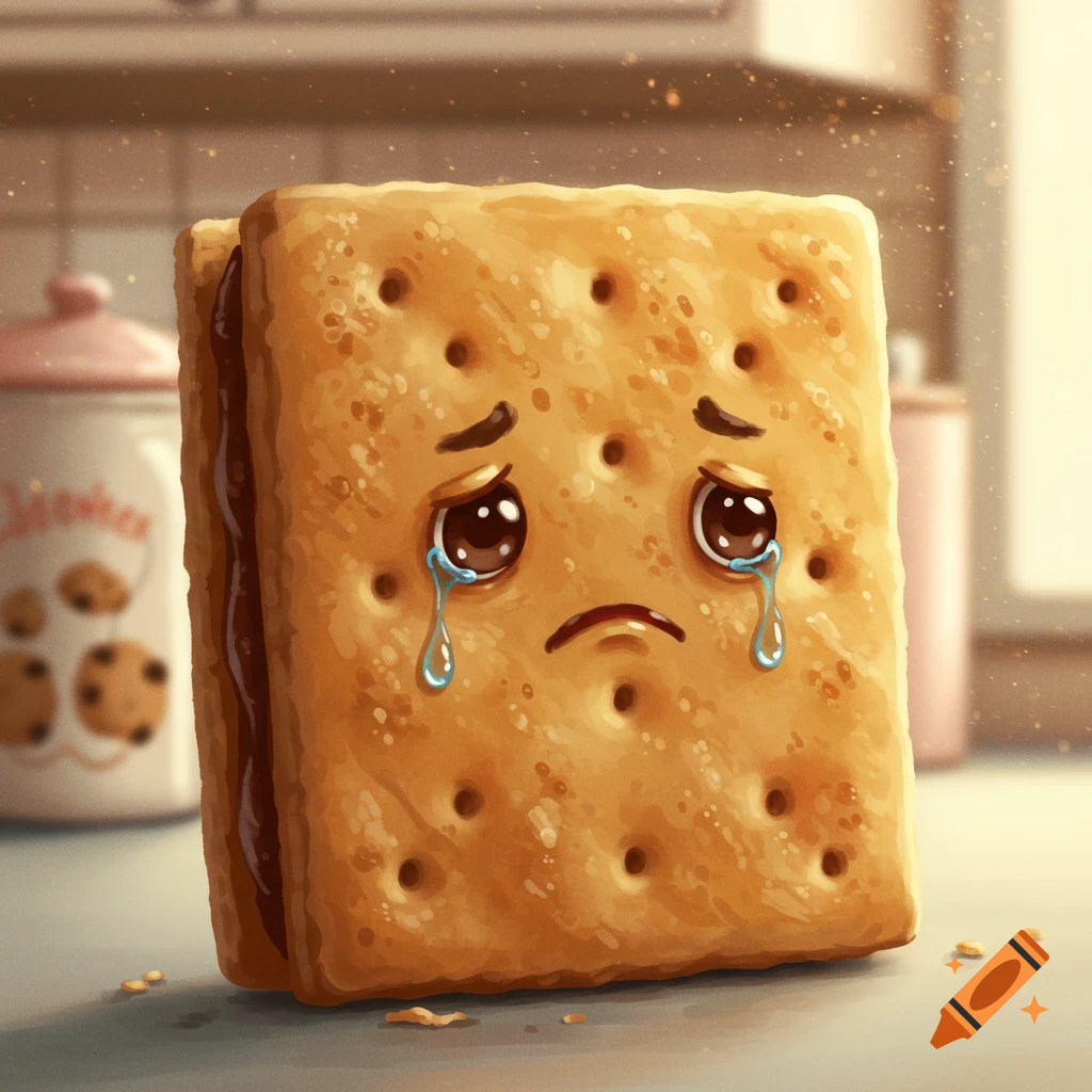 Cartoonish graham cracker crying on a kitchen counter with a cookie jar in the background.