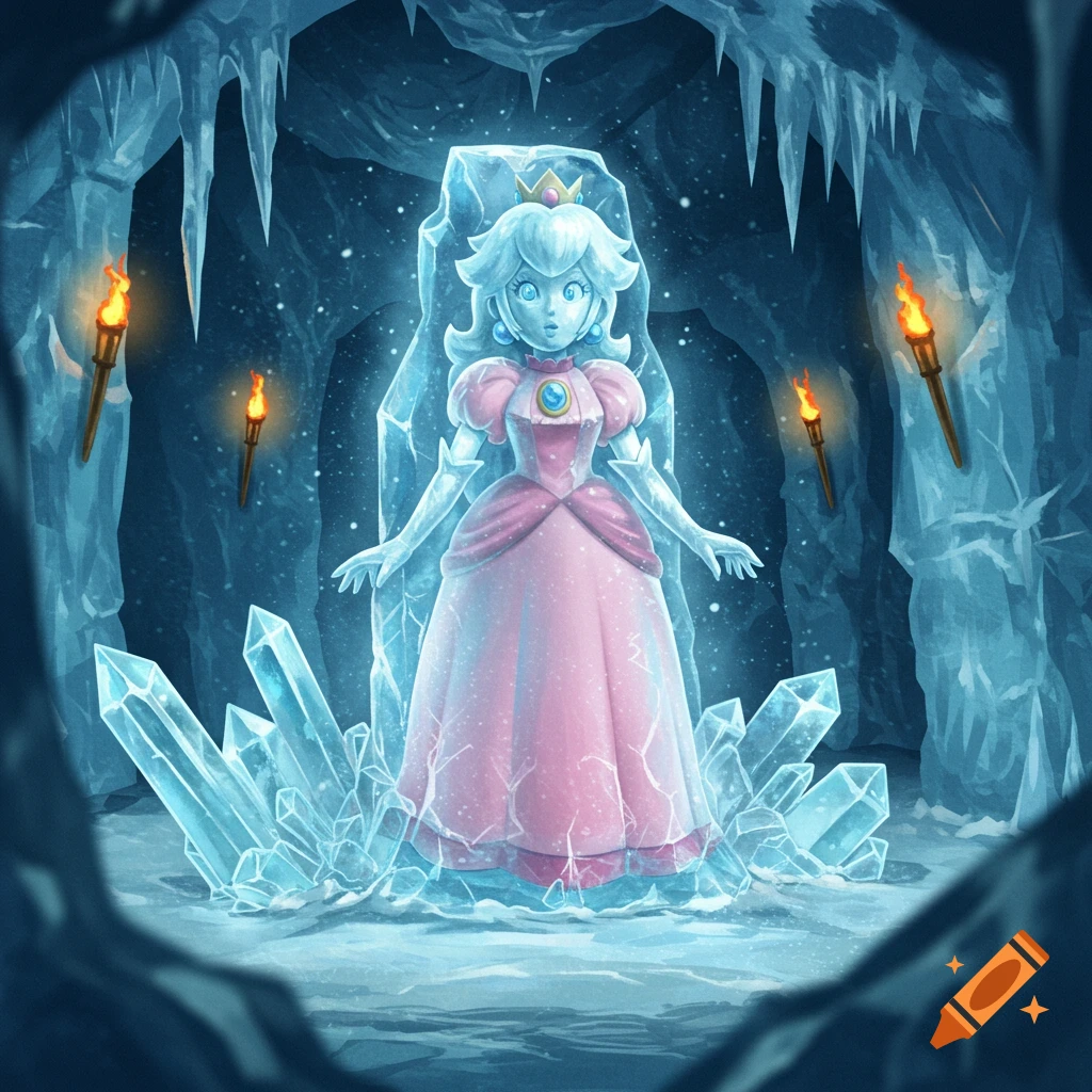 Princess Peach frozen in ice within an icy cave, surrounded by ice crystals and lit by torches.