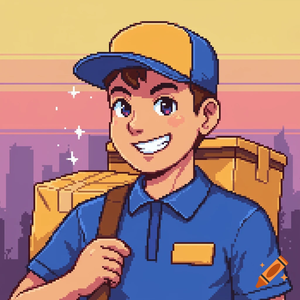A smiling pixel art portrait of a delivery driver wearing a blue and yellow cap and carrying packages, with a city skyline in the background.