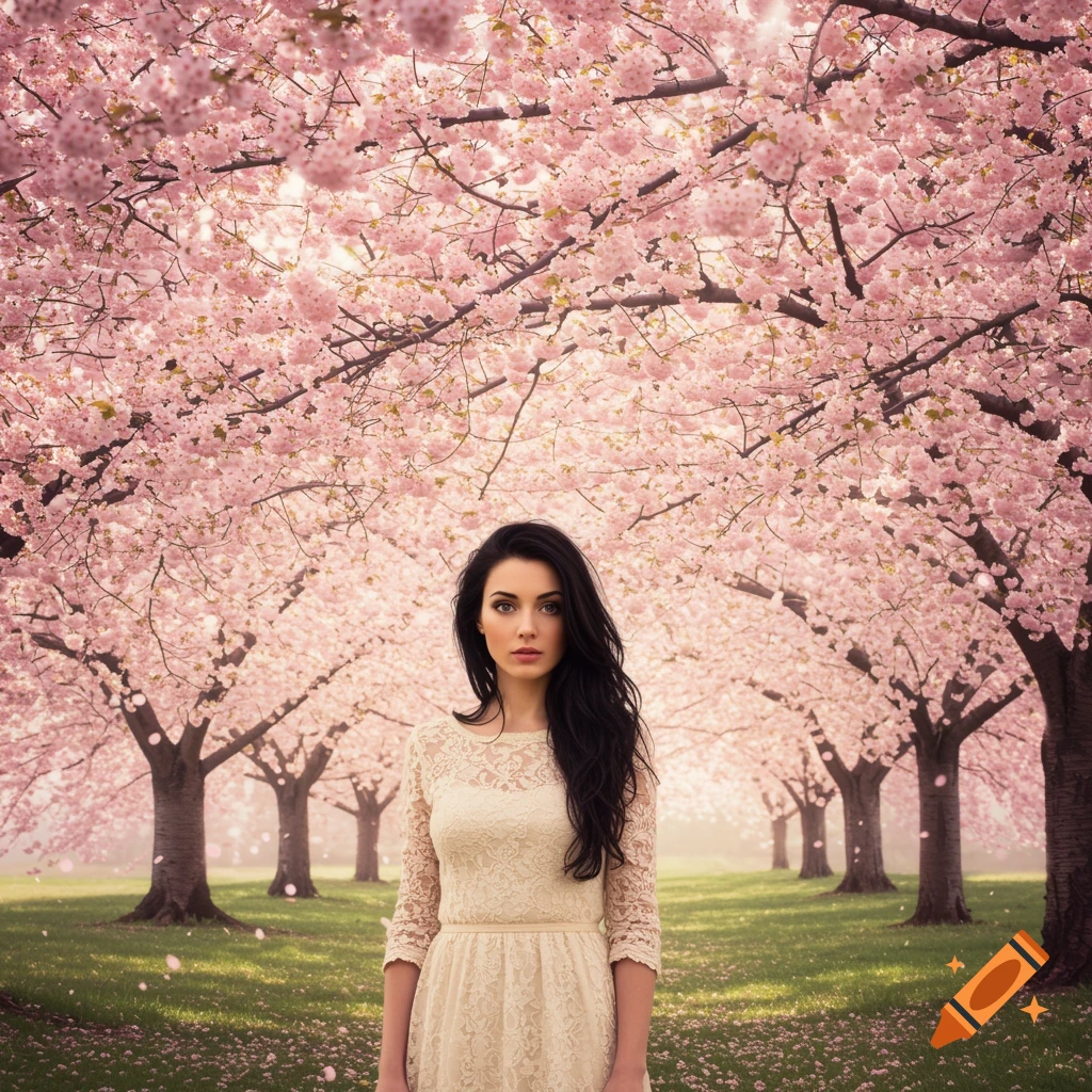 A woman in a white lace dress stands amidst pink cherry blossom trees in a photorealistic style.