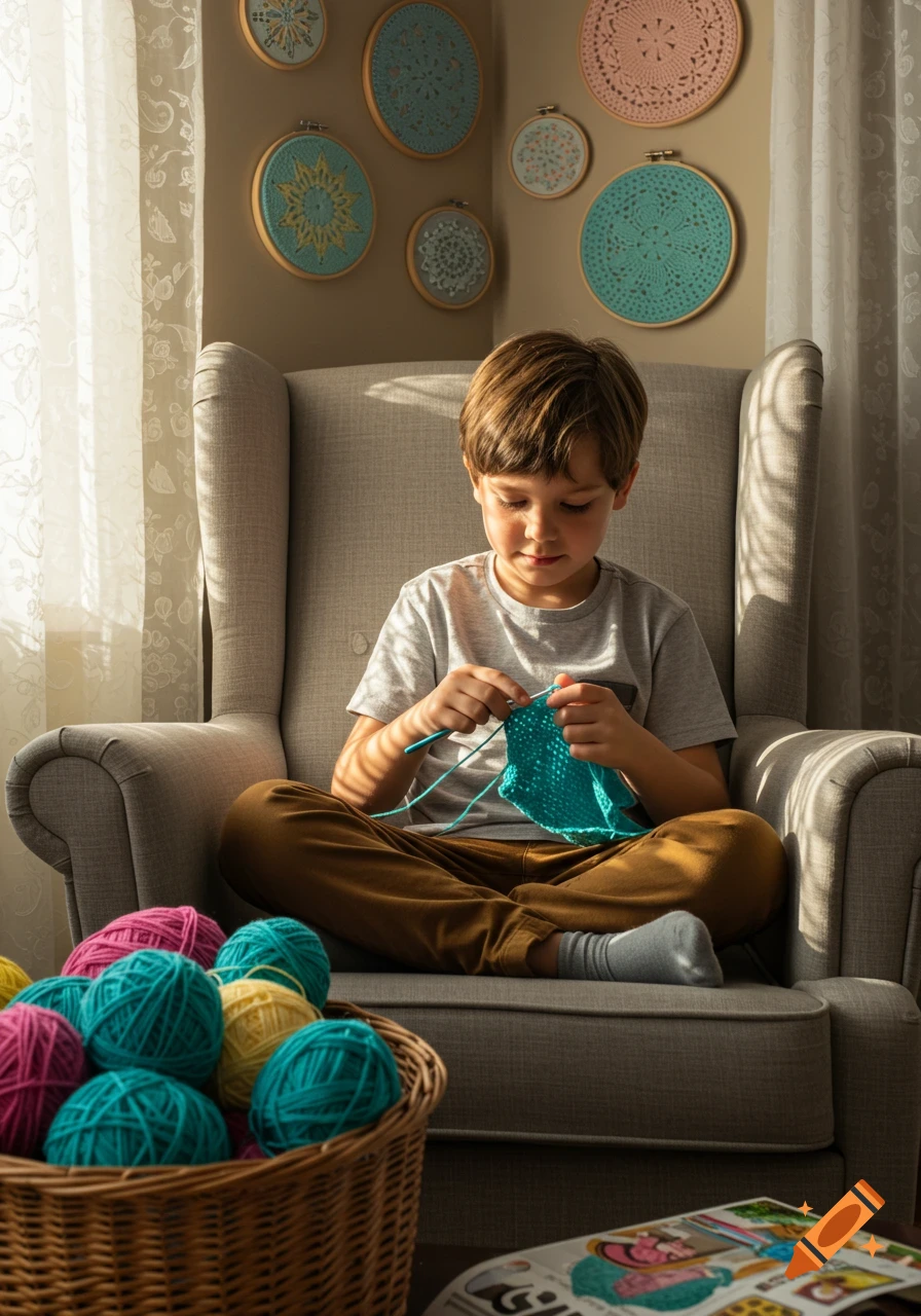 Young boy sitting in an armchair, focused on learning to crochet with blue yarn, with a basket of colorful yarn beside him, bathed in sunlight.
