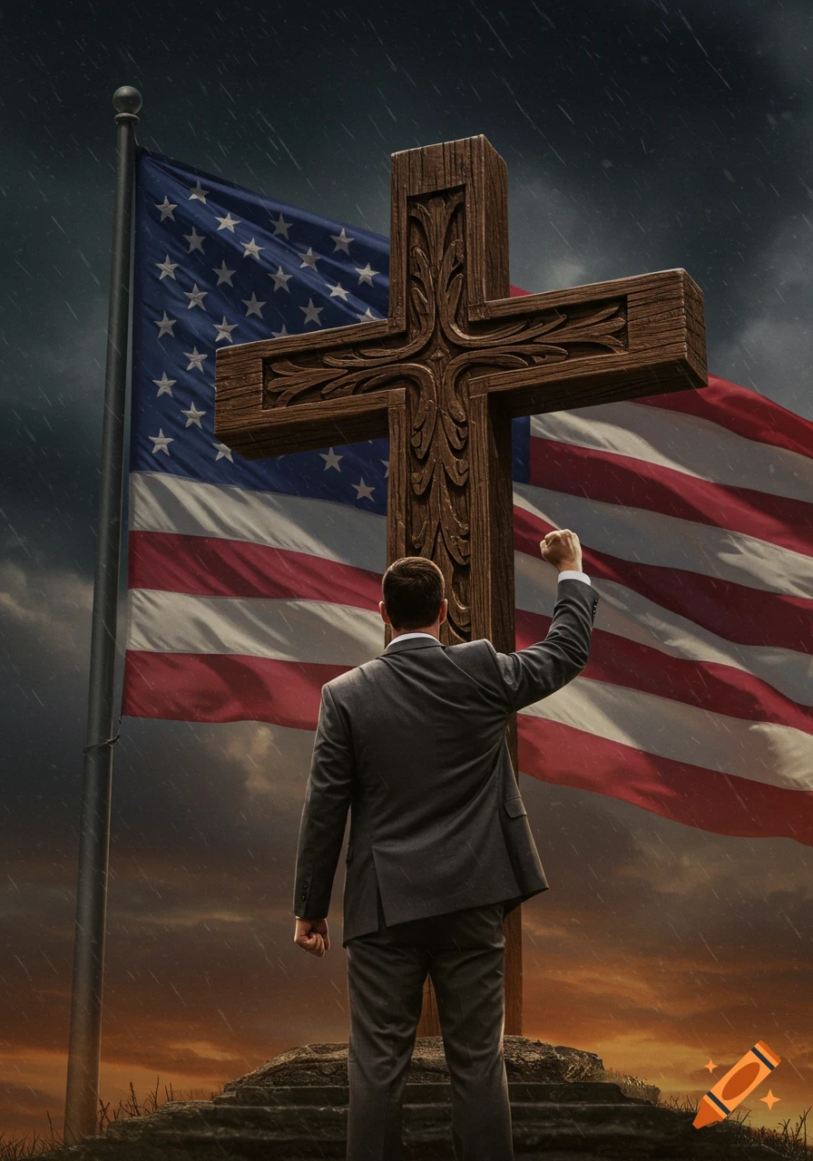 A man in a suit stands with a raised fist before a large wooden cross and a flowing American flag under a stormy sky.