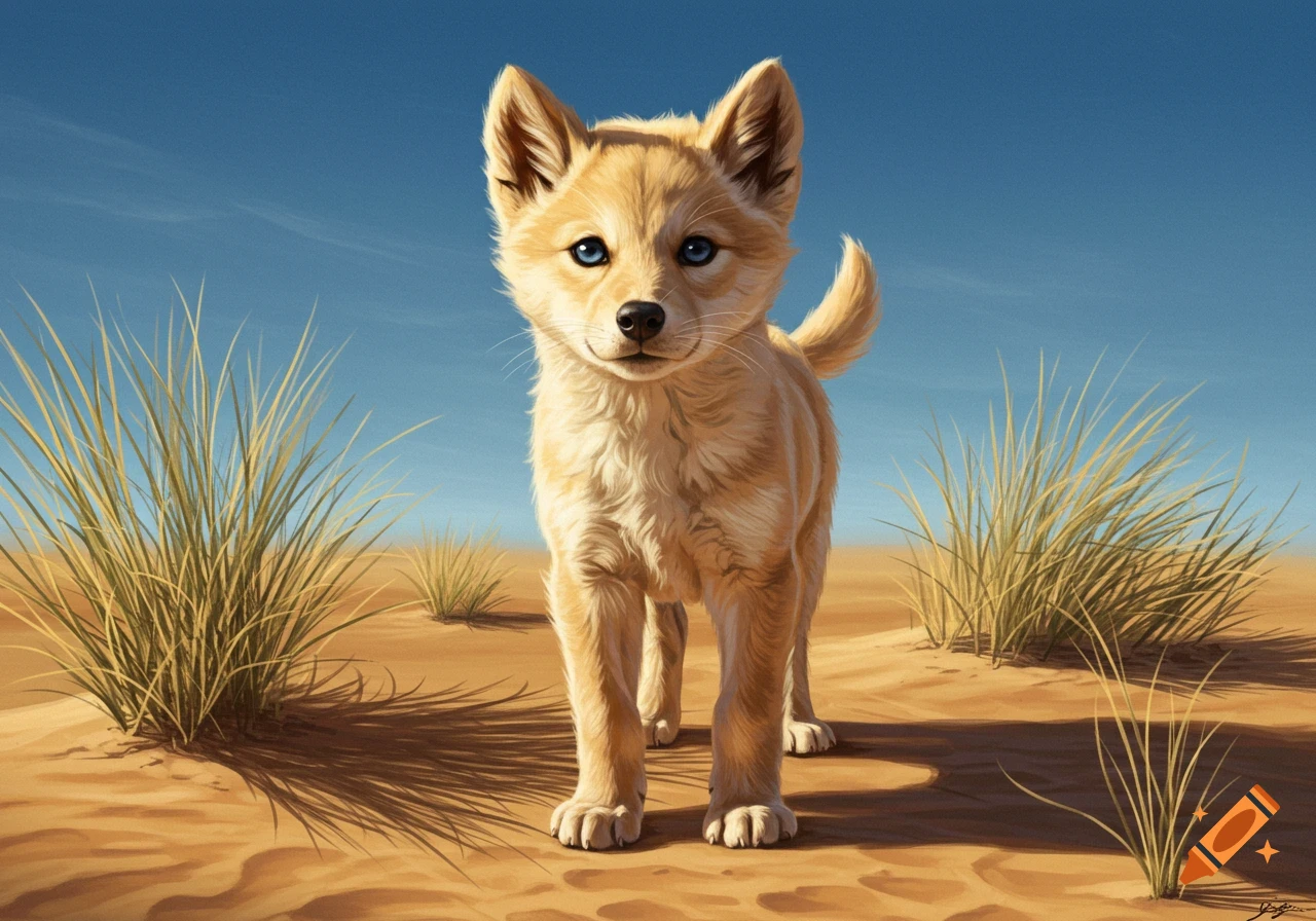 A cute dingo pup with ice blue eyes and vanilla blonde fur stands in a sandy desert with sparse grass under a clear blue sky.