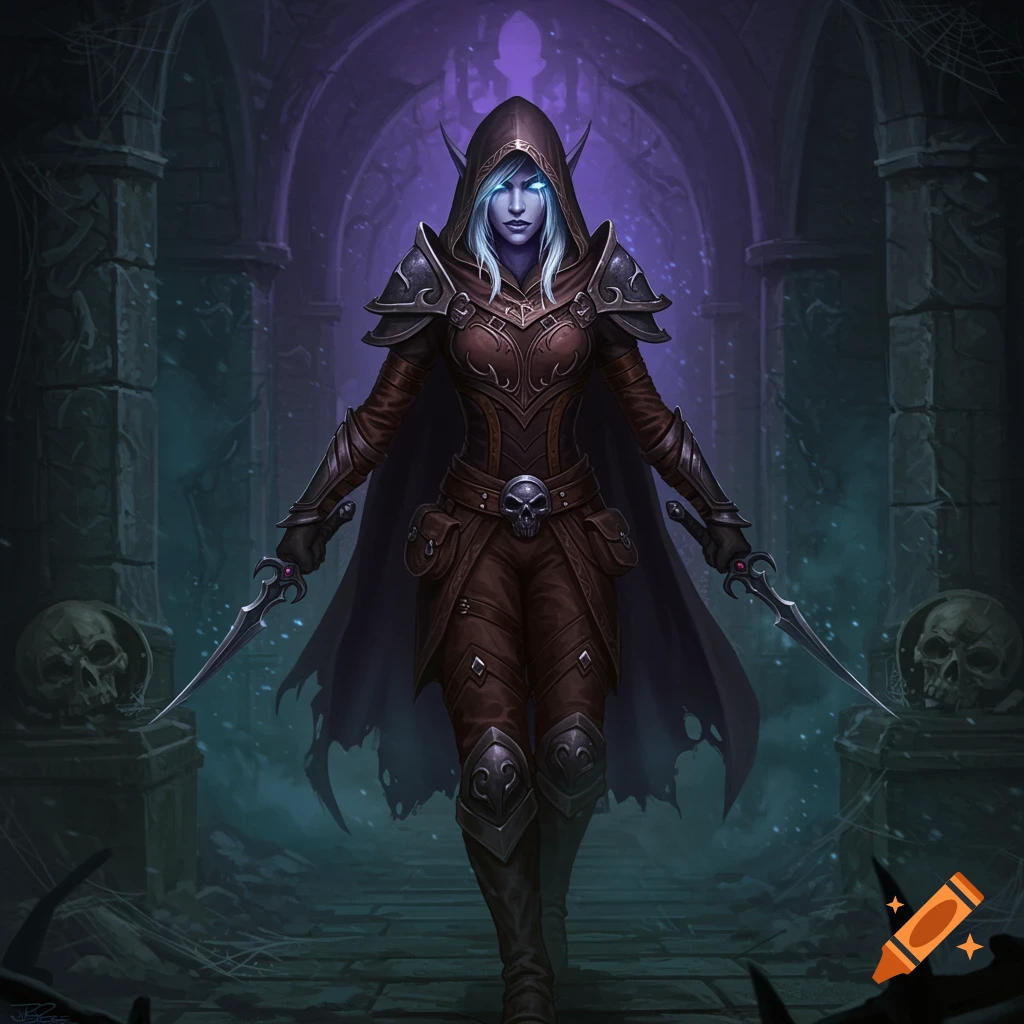 A female Shadar-kai rogue with glowing blue eyes, clad in dark leather armor, holding two daggers in a shadowy dungeon.