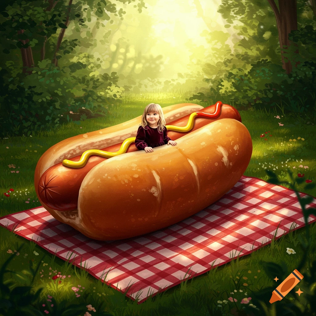 Little girl in a giant hot dog with mustard and ketchup on a red checkered picnic blanket in a sunlit forest.