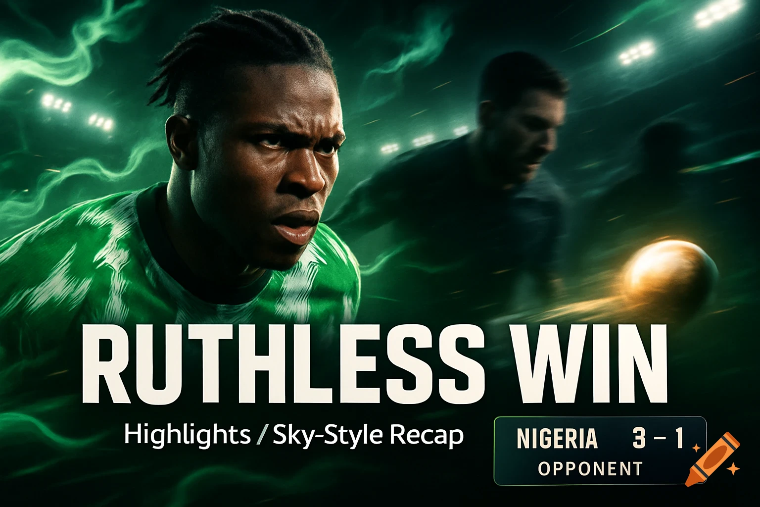 Intense football player in green jersey with 'RUTHLESS WIN' text and a 3-1 score for Nigeria, in a dynamic sports thumbnail style.