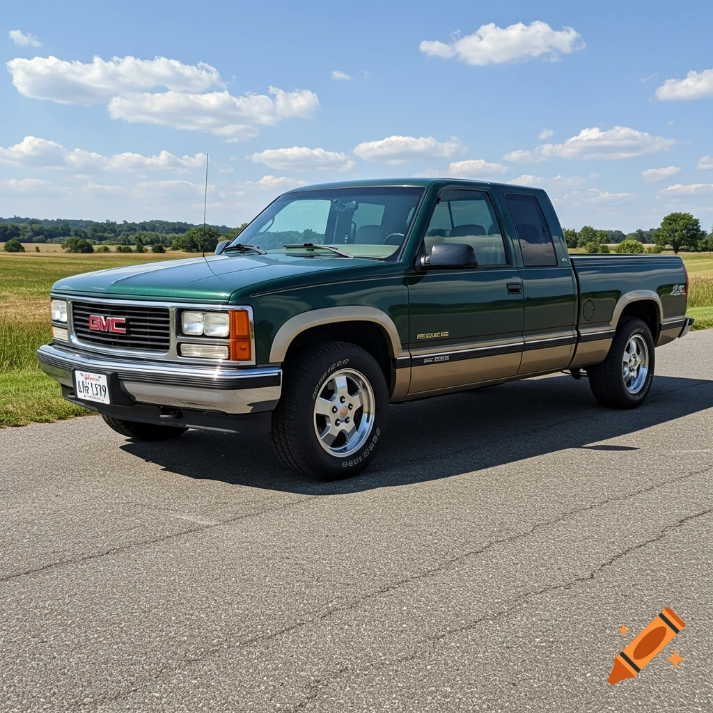 A green and gold GMC extended cab truck parked on a road with fields and a blue sky in the background.