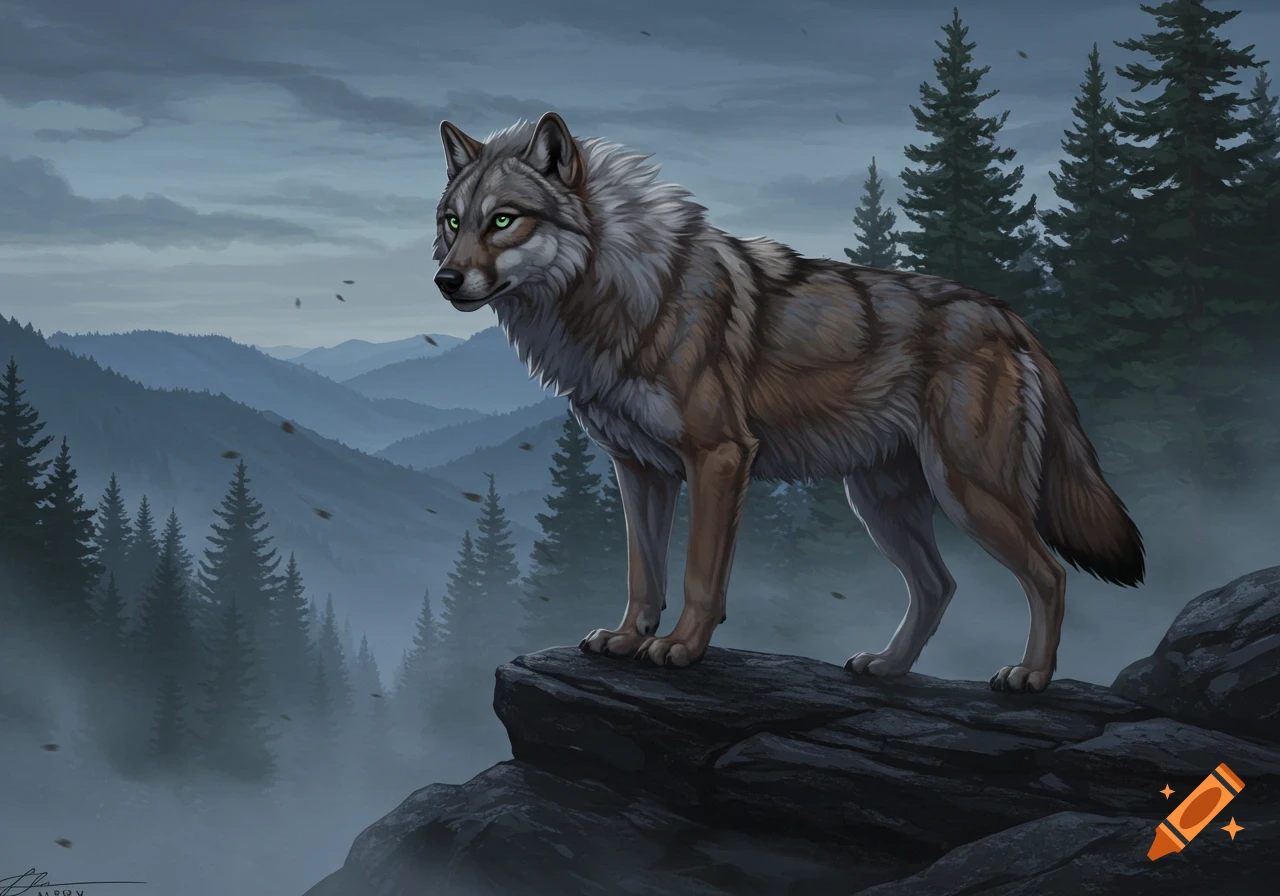 A gray wolf with glowing green eyes stands on a dark rock overlooking a misty mountain valley with pine trees.