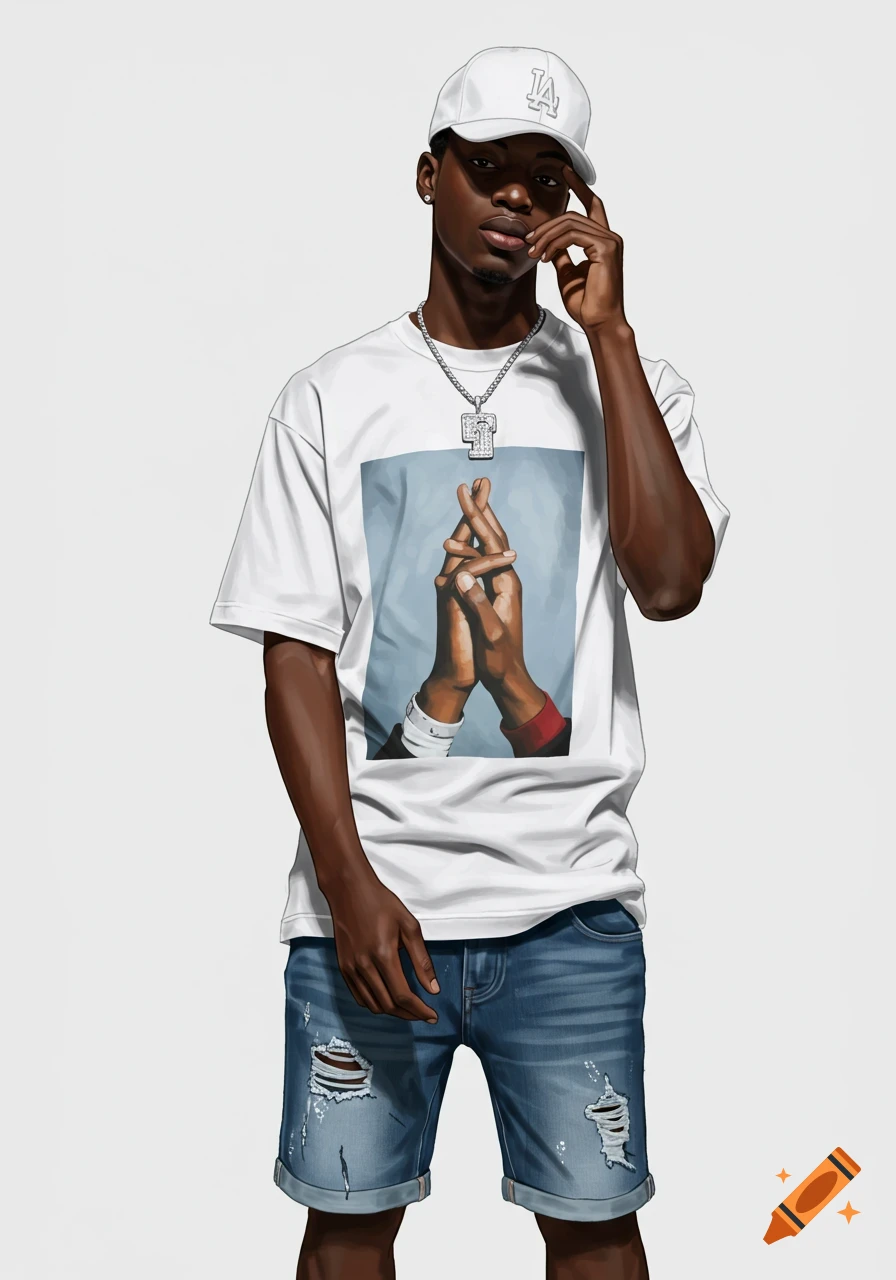 A realistic young man with dark skin in urban streetwear, wearing a white t-shirt with a hands graphic, ripped denim shorts, and a white baseball cap, against a white background.