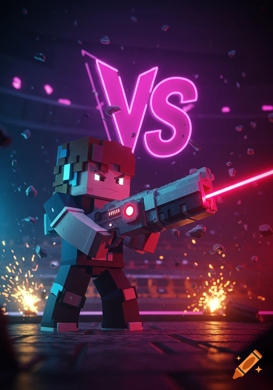 A blocky character in a dark arena with a neon pink 'VS' sign, holding a laser gun with a red beam.