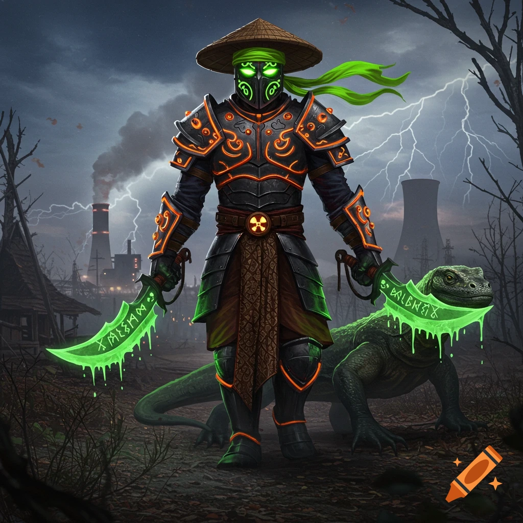 A fantasy warrior in glowing black and orange armor and a straw hat holds two glowing green daggers, standing beside a large glowing green Komodo dragon in a stormy, dystopian wasteland.