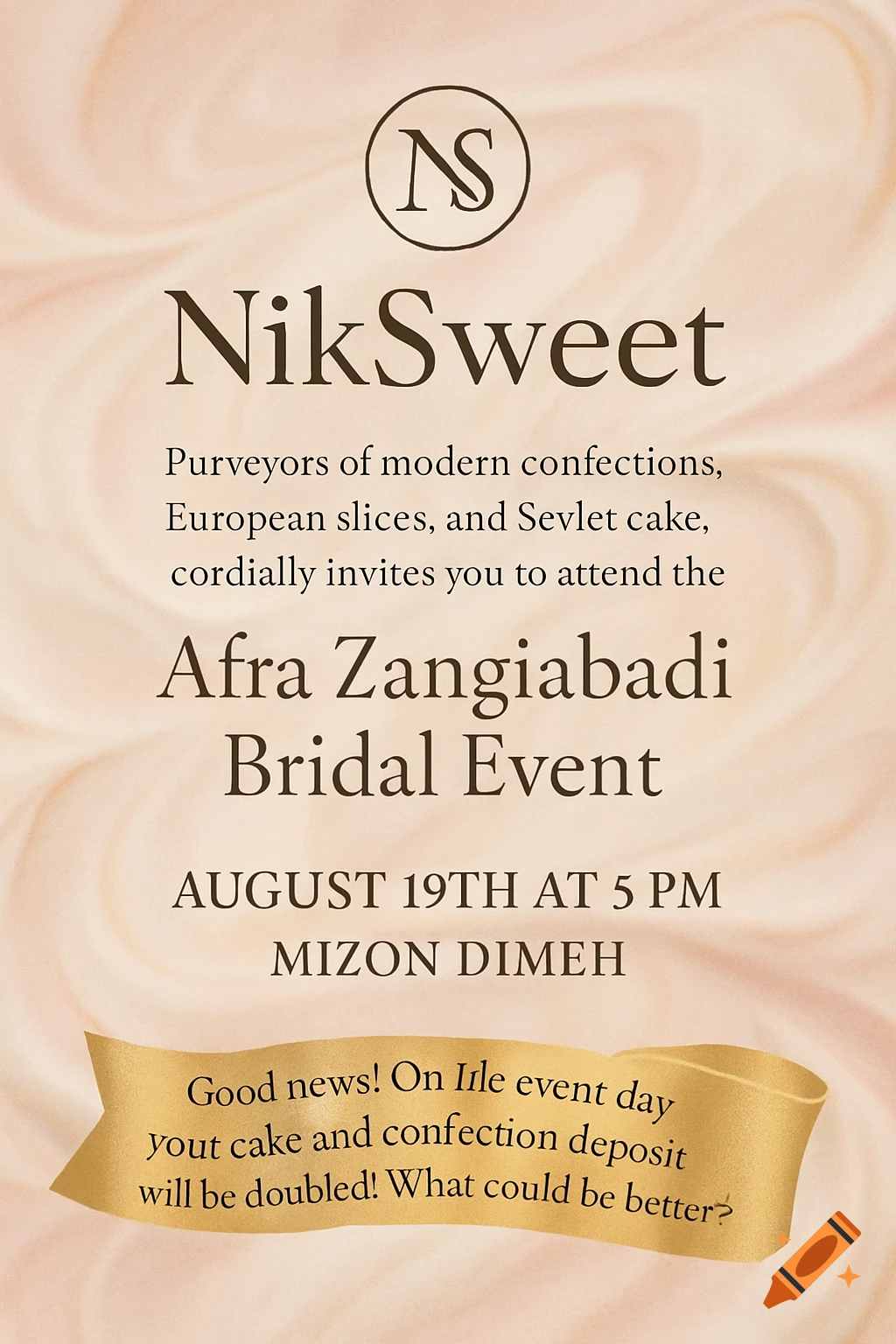 An elegant event poster for NikSweet and Afra Zangiabadi Bridal Event, featuring text on a beige swirled background.