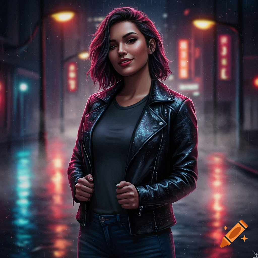 A woman with short dark hair and a black leather jacket stands on a rainy city street at night, lit by neon signs.