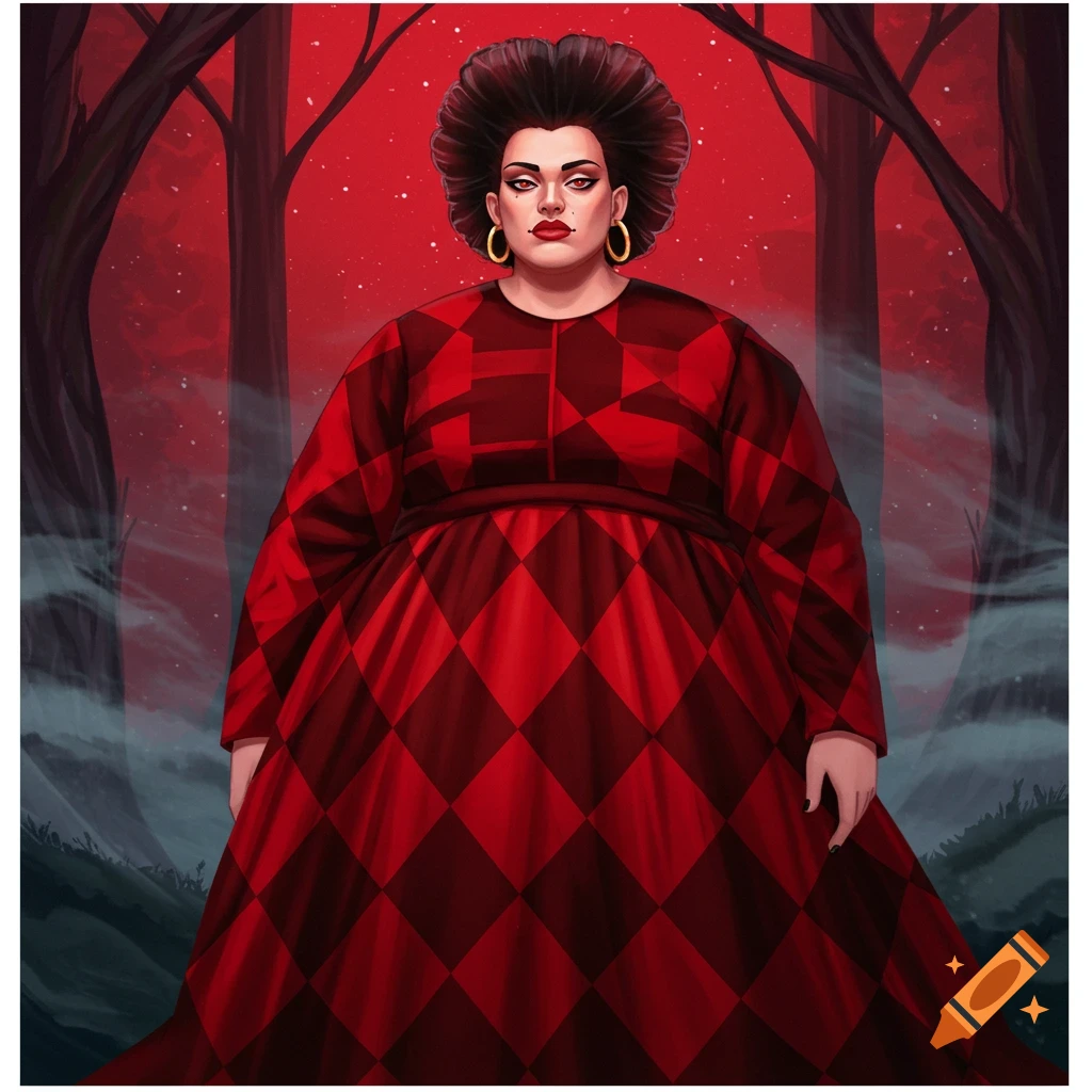 A nonbinary person in a stylized red and black checkerboard dress and big hair stands in a dark red forest.