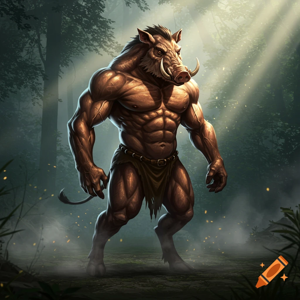 A muscular, humanoid boar stands in a misty forest with light rays filtering through the trees.